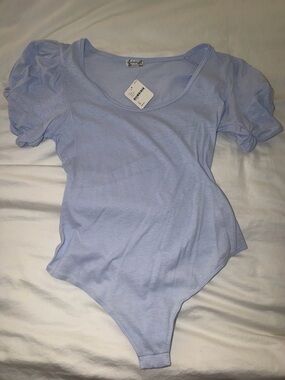 Free People Light Blue Puff Sleeve Bodysuit